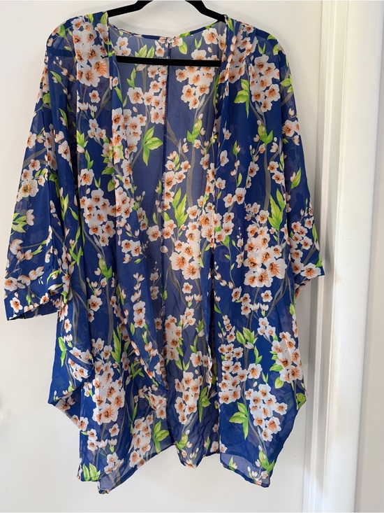 Tops - Floral Sheer Chiffon Three-Quarter Bat Sleeve Cardigan or Swim Coverup